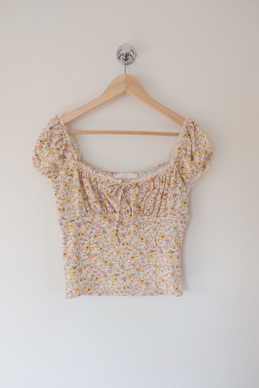 Lush Yellow Floral Lace Trim Crop Top Cottagecore Prairie Boho Y2K Festival L